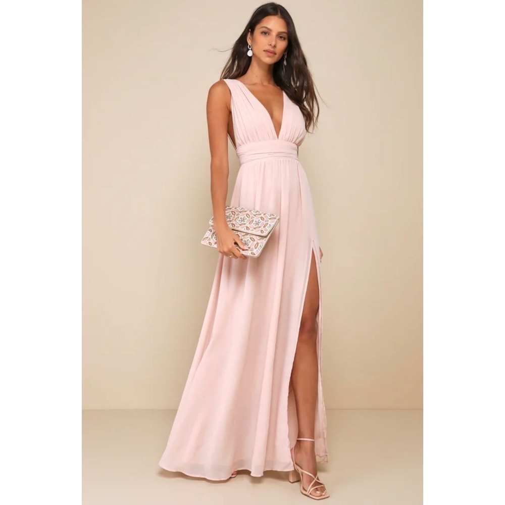 Lulus Heavenly Hues Blush Pink Maxi Dress V-Neck Side Slit 43449 Womens Size L